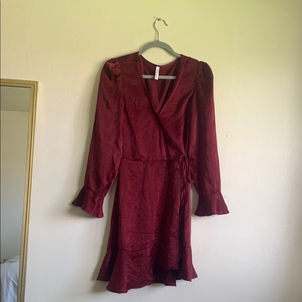 Xhilaration Red Wrap Dress with Ruffled Sleeves